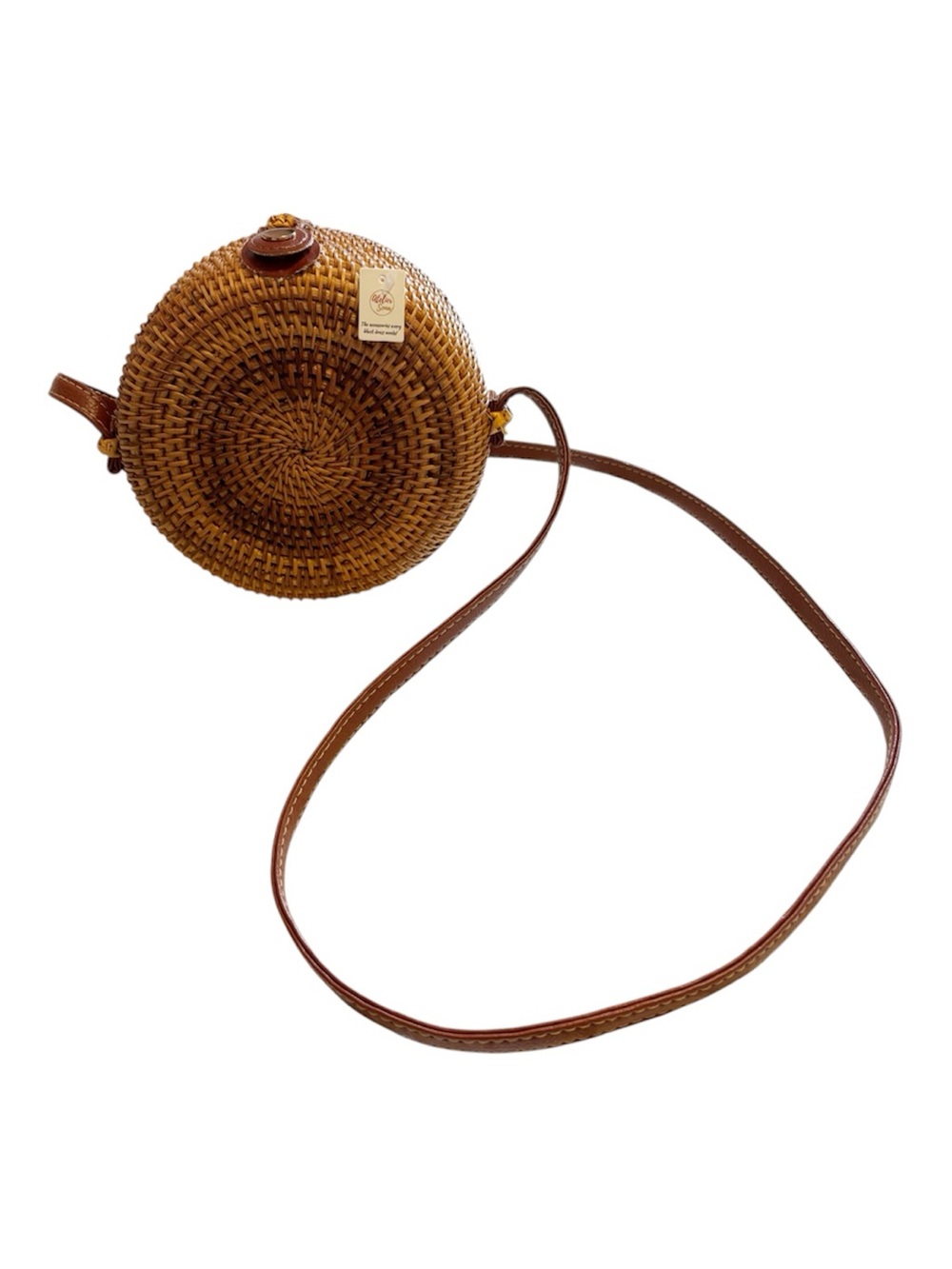 Atelier Sona Handwoven Rattan Round Crossbody‎ Boho Straw Basket Bag NWT